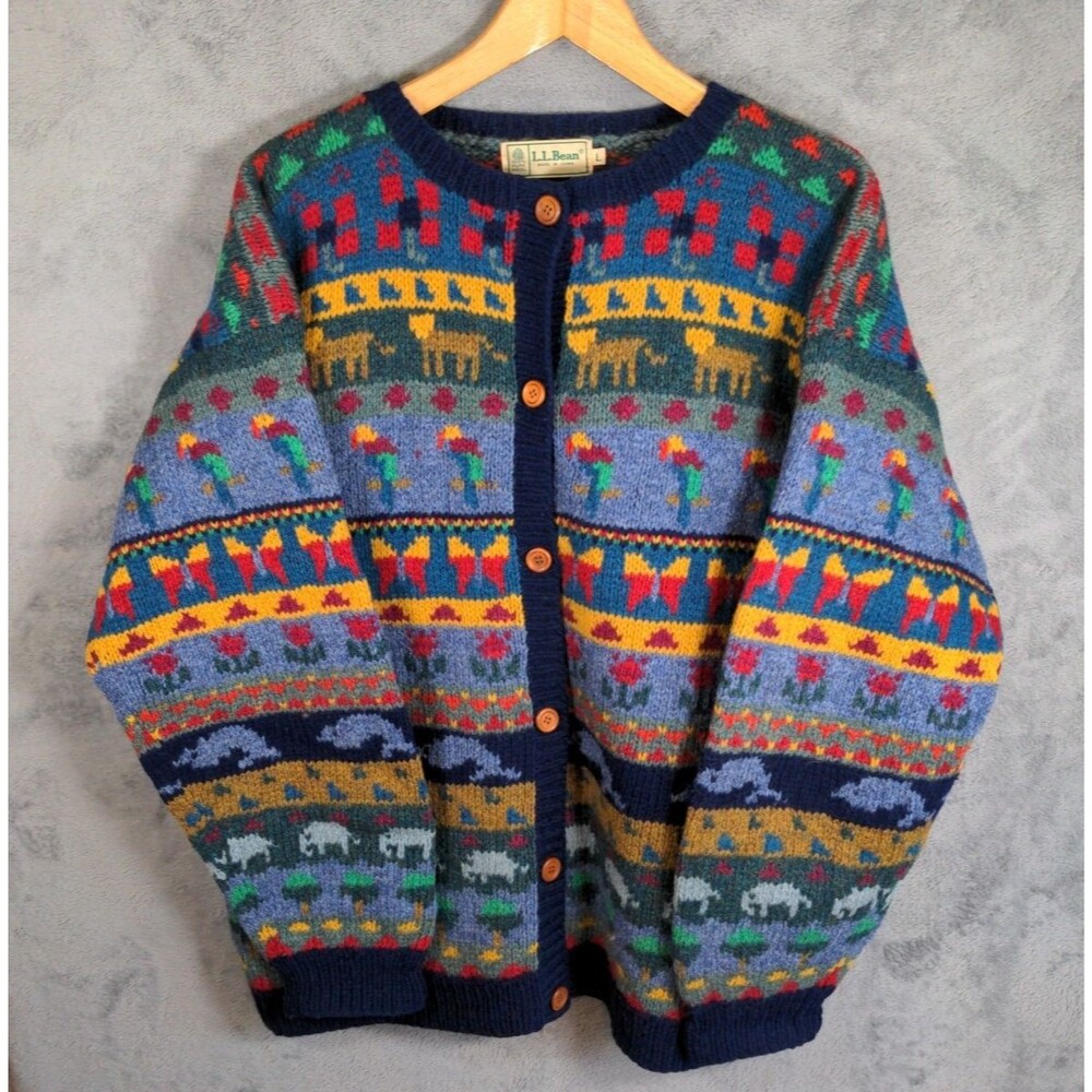 Vintage LL Bean 100% Wool Cardigan Sweater Sz L Animals Cottagecore *RARE*